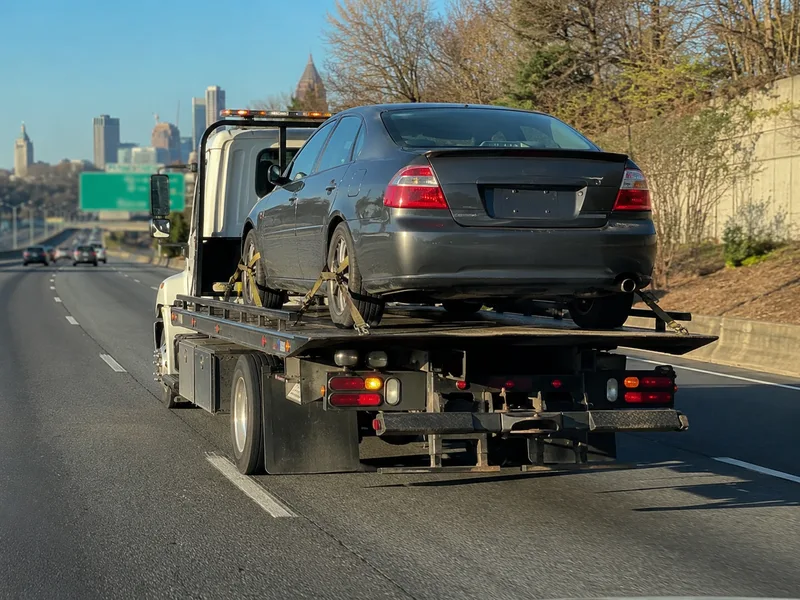 Long distance flatbed transport leaving Atlanta on the interstate
