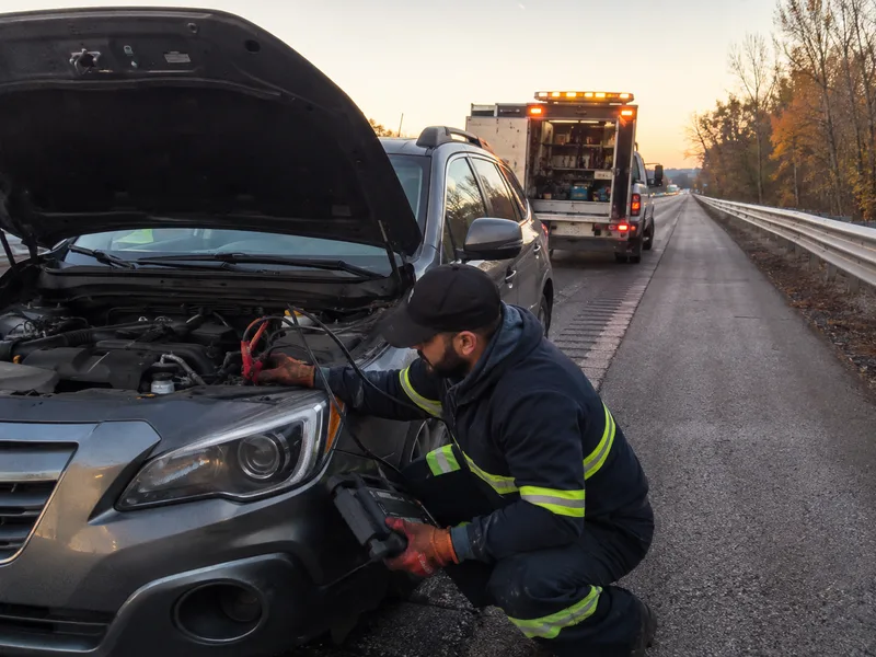 Roadside assistance technician helping a stranded driver in Atlanta